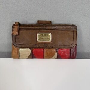 Fossil Wallet Womens Brown Leather Cowhide Patchwork Clutch Long Live Vintage